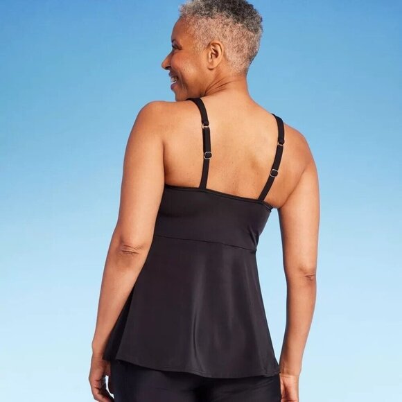 Lands' End Black High Neck Flutter Bottom Hem Tankini Swim Top - Picture 2 of 5